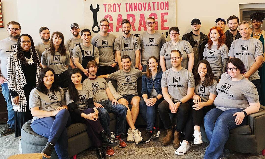 the entire Simplecast team at the pinnacle of the company's growth in May 2019, taken at the Troy Innovation garage in Troy NY